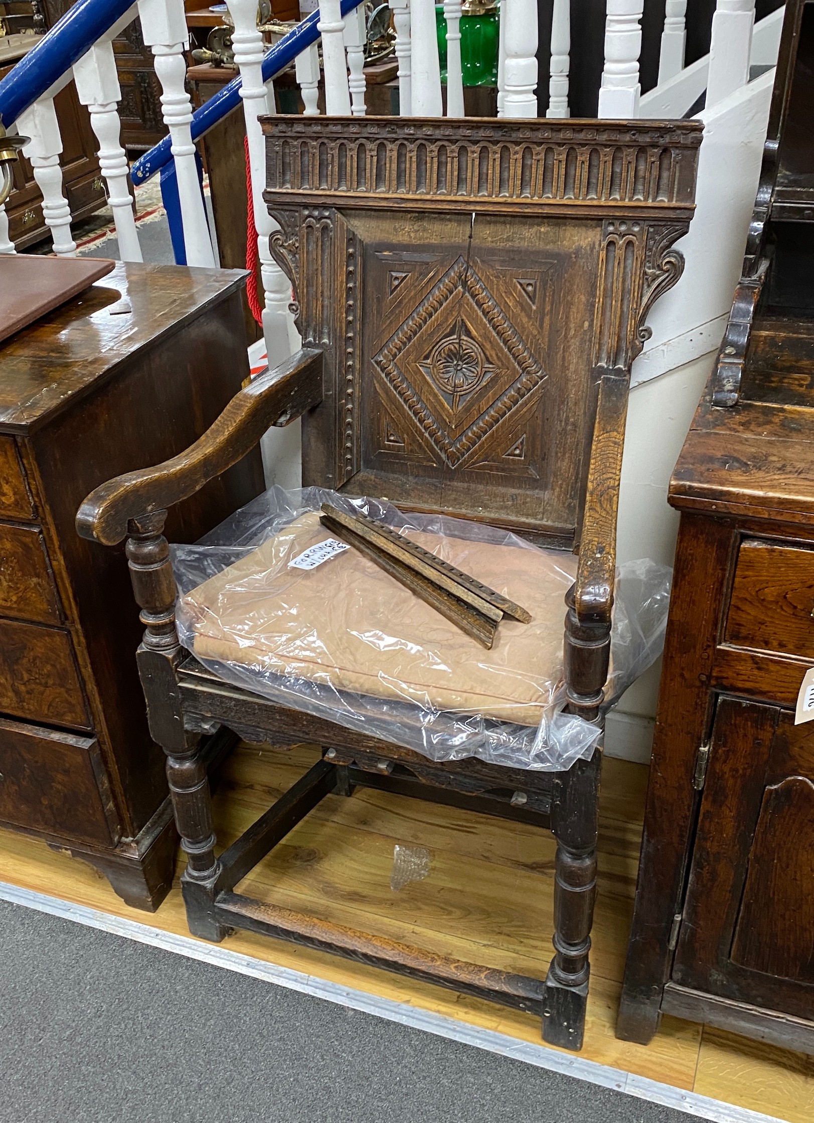 An 18th century and later oak wainscot chair, width 63cm, depth 56cm, height 112cm